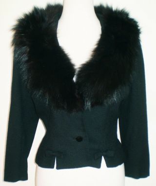 Vintage Lilli Ann Black Wool Tailored Dressy Jacket W/ Huge Black Fur Collar S - M