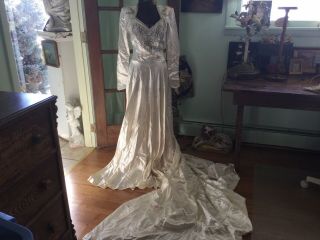 Antique Vintage Wedding bridal Gown Dress Satin Hand Beaded Exquisite Originals 2