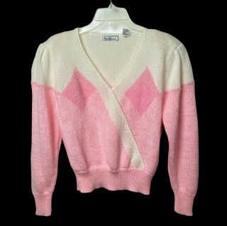 Vintage 80s Sparkly V Neck Sweater Womens M Pink Cream Argyle Puff Sleeve Kawaii
