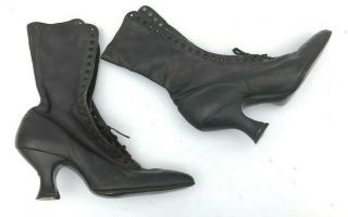 Antique Victorian High Button Black Leather Victorian Ladies Lace Up Heel Boots