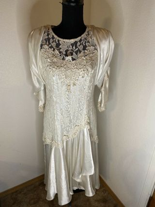Vintage Samuel Scott Wedding Dress Satin & Lace With Pearl Beading