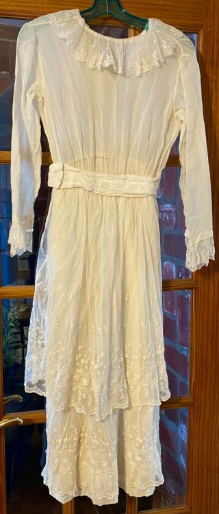 Antique Edwardian Wedding Dress,  Fine Netting W/floral Embroidery,  Elegant