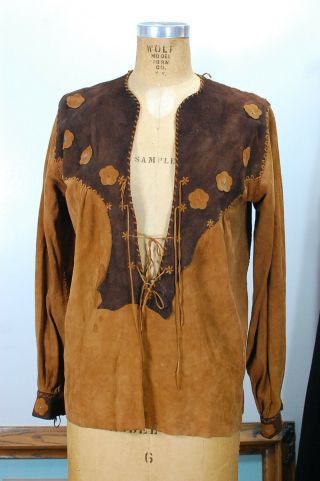 Vtg 30s 40s Deer Suede Hand Made Jf Ranch Wear Western Rodeo Shirt Tunic S/m