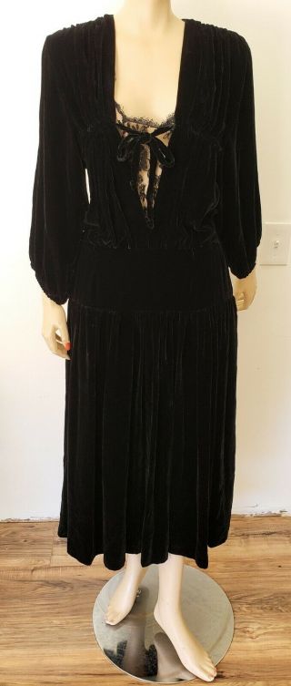 Vtg Antique 20s 30s Black Silk Velvet Drop Waist Dress Flapper Deco Approx Sz 4
