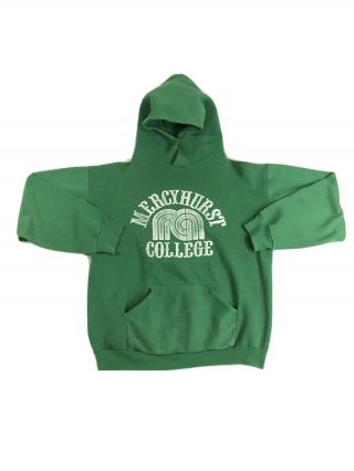 1970s Vintage Russell Athletic Mercyhurst College Hoodie Sweatshirt Green