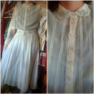 Stained Vtg 70s Gunne Sax Lavender Floral Embroidery Dress Xs 5 40s Collar Ivory