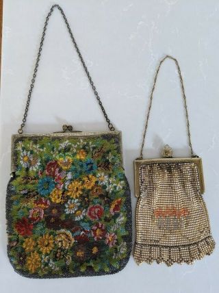 Likely Vintage Whiting And Davis Metal Mesh Purse & A Floral Glass Bead Purse