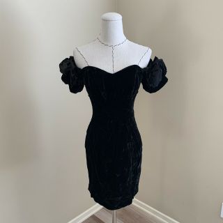 Vintage 80s Judys Dress Black Velvet Off Shoulder Strapless Mini Goth Rock Party
