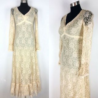 Vintage Gunne Sax By Jessica Womens Sm Long Boho Prairie Maxi Dress Ivory Lace