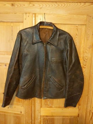 Rare Vintage 40s Cafe Racer Leather Motorcycle Jacket Brown Zip Up Size Large