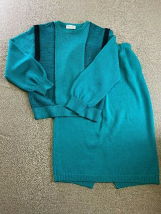 Vintage St John By Marie Gray Dress Knit Neiman Marcus Green 2 Piece Skirt Teal