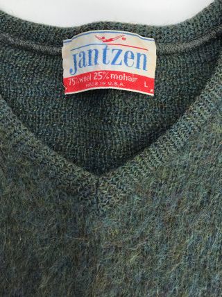 Exc Vtg 60s Jantzen Sweater,  V - Neck Wool - Mohair,  Tag L,  Actual Sz M - L Green