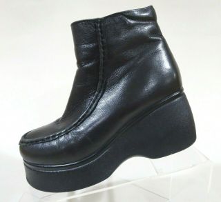 Vtg 90s Black Leather Lined Goth Punk Club Kid Rave Platform Ankle Boots 5 - 5.  5