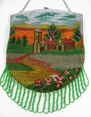 Large Antique 1920’s Beaded Landscape Scenic Purse With Bold Colors
