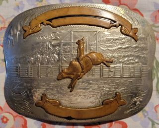 Vintage Comstock Silversmith German Silver Cowboy Bull Rodeo Western Belt Buckle