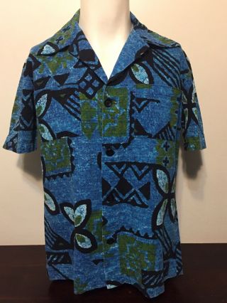 Vintage 60s Aqua Blue Green Barkcloth Hawaiian Shirt S M Tiki Tapa Floral Aloha