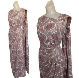 Vtg 50s 60s Gold Leaf Print Wiggle Dress Vlv Pin Up Sarong Wrap Gown