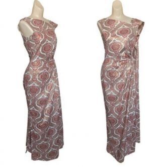 Vtg 50s 60s Gold Leaf Print Wiggle Dress Vlv Pin Up Sarong Wrap Gown 2