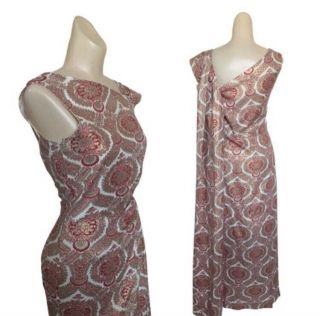Vtg 50s 60s Gold Leaf Print Wiggle Dress Vlv Pin Up Sarong Wrap Gown 3