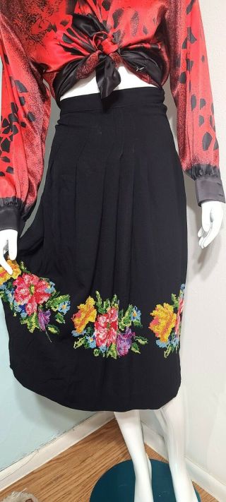 Very Rare Vintage 1940s Iconic Wwii Era Black Rayon Crepe & Pettipoint Skirt Xs