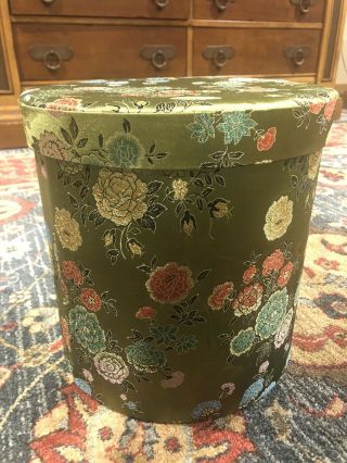 Vintage Asian Brocade Silk Hat Box Floral Bohemian Storage