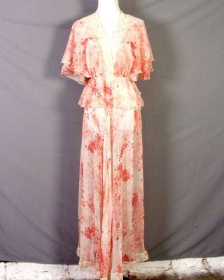 Vtg 60s Sheer See Through Red Floral White Lace Ruffle Dress Prairie Lace Xs/s