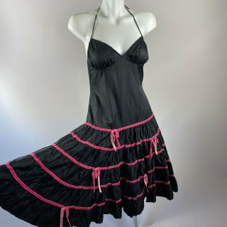 Vtg 90s Betsey Johnson Black Satin Halter Dress Pink Velvet Ribbon Tiers Size 4