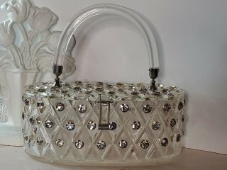 Vintage 1950s Mid Century Clear Lucite Purse With Rhinestones Signed Meyer