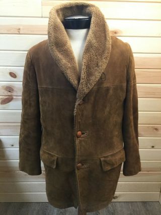 Vintage 70s Suede Leather Coat Jacket Mens Xl Brown Fur Lined