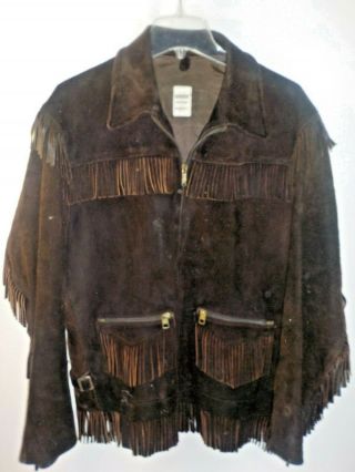 Vintage Uber Heavy Suede Leather Fringed Western Jacket Brown Sz Lg Mountain Man