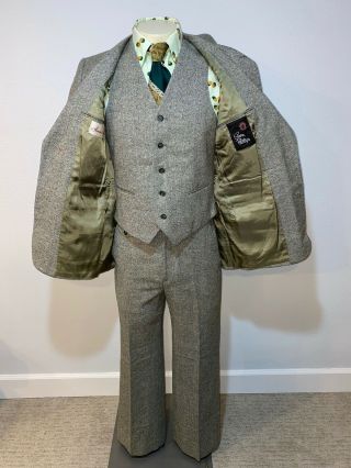 Vtg 50s 60s 3 Piece Suit Green Wool Mens 39 R Jacket Vest Coat 33 29 Pants Disco