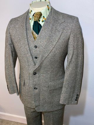 Vtg 50s 60s 3 PIECE SUIT Green Wool Mens 39 R Jacket Vest Coat 33 29 Pants Disco 3