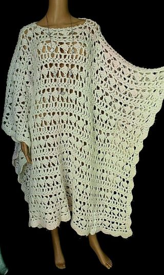 Vtg 70s Hand - Knit - Crochet White - Pale - Pink Ombre Boho Hippie Draped Caftan Dress