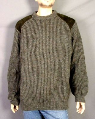 Vtg 60s 70s Woolovers Uk Grayish Green Heavy Wool Shooting Sweater Suede Pads Xl