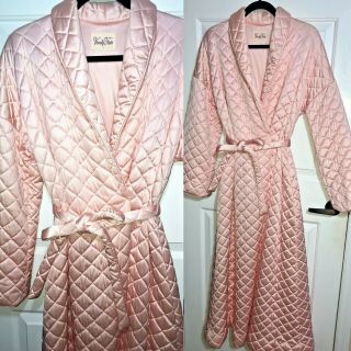 Vtg Vanity Fair Diamond Quilted Satin Robe Dressing Gown Pink Gloss Pristine S M