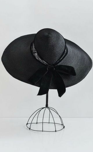 Vintage 1930s Black Wide Brim Straw Hat With Velvet Bow