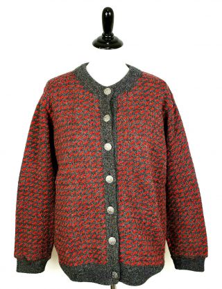 Vtg Ll Bean Red & Gray Wool Blend Button Up Cardigan Sweater Norway Womens L Euc