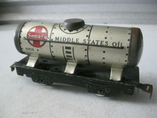 Vintage Marx Tin Tanker Car " Santa Fe  Middle States Oil "