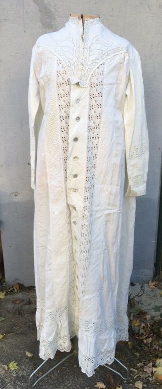 Vintage Victorian Edwardian White Cotton Embroidered Dressing Gown Duster Coat L