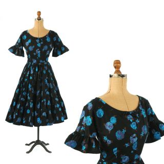Vintage 50s Black Blue Rose Floral Novelty Print Cotton Full Circle Skirt Dress