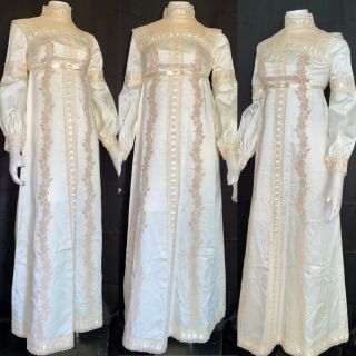 Vtg 60’s Satin Wedding Dress Gown Ivory/cream Beige Lace Victorian Long Sleeve