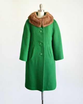 Vintage 50s 60s Green Wool Fur Collar Coat Brown Mink Winter S/m 1950s 1960s