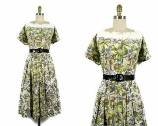 Vintage 50s 1950s Soft Floral Border Print Cotton Shirtwaist Dress Volup Size Xl