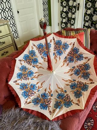 Vintage Ornate Silver - Tone Red Jewel Handled Scallops Italian Parasol Umbrella