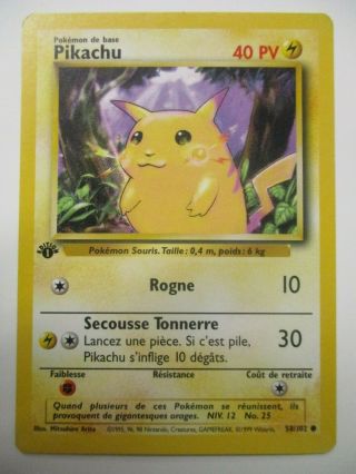 " Yellow Cheek " Pikachu Pokemon Tcg Base Set 1st Edition 58/102 French Language