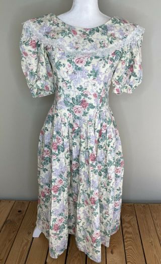 Vintage Jessica Mcclintock Gunne Sax Puff Sleeve Midi Dress Sz M Cream Floral E6