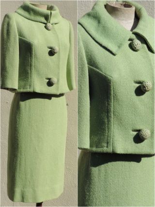Vtg 1960s Lilli Ann Tissé A Paris Green Bouclé Wool Skirt Suit Size 6 Small