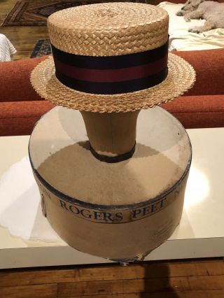 Antique Vintage Rogers Peet Straw Boater Skimmer Hat Barbershop 7 3/8” W Box