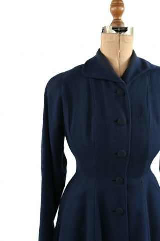 Vintage 40s 50s Navy Blue Crepe Fit and Flare Evening Princess Coat Jacket XS 2