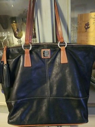 Large Dooney & Bourke Shopper Tote Bag Purse Soft Black W/leather Brown Trim Euc